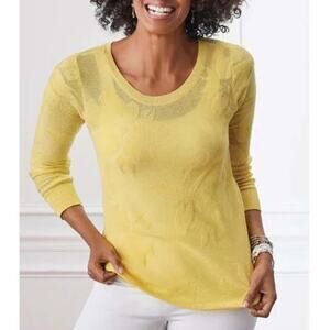 Soft Surroundings Plus 1X Garden Wall Pointelle Jacquard Sweater Yellow Knit